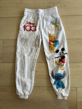 Disney 100 Character White Graphic Sweatpants Mickey Pooh Tinkerbell Stitch XS